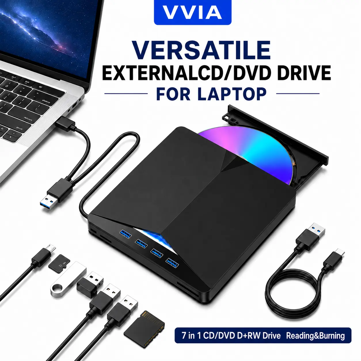 7-in-1 Multi-Function Portable Laptop CD/DVD Drive - High-Speed USB 3.0 CD ROM Burner, External DVD Player, Compatible with Windows 11/10/8/7, Linux, Mac OS, Desktop Computers, No
