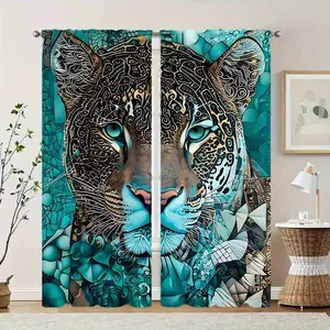 Polyester Material High-Definition Digital Print Blue Tiger Pattern Curtains, Light Filtering Drapes for Bedroom Living Room Office Home Decor