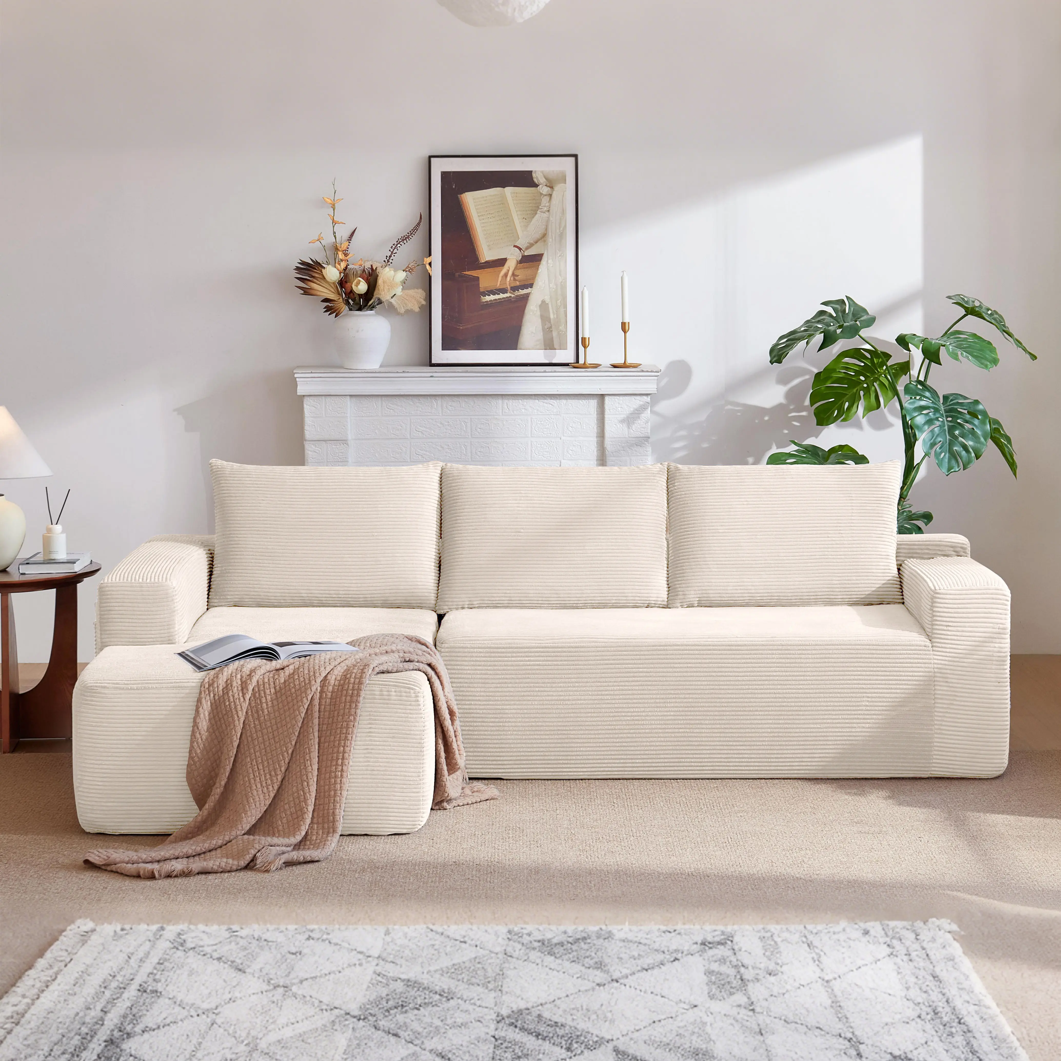 L-Shaped Modular Sectional Sofa, Corduroy Cloud Couch with Reversible Chaise, Spring Support Deep Seat Sofa for Living Room Apartment，sofa budget couch friendly sectional boneless