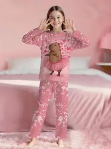 Capybara in Pointe Shoes, Cute and Healing 2-Piece Set: Girls' Digital Print Long-Sleeve Pajamas with Long Pants, Flame-Retardant Fabric. A stylish, trendy, casual, comfortable and soft pajama set, suitable for sleeping and home leisure.