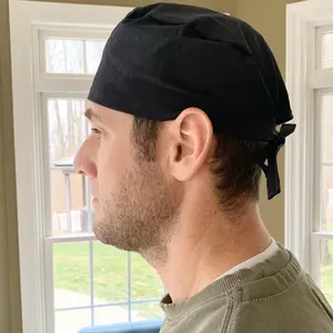 Black plain color Skull Surgical OR Hat Scrub Cap Mens 100% Cotton Tie Back Eco-Friendly Reusable Comfortable Durability