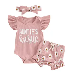 Aunties Bestie Clothes Girl Newborn 0 3 6 12 18 Months Summer Outfit Fly Sleeeve Romper Daisy Floral Print Shorts Bow Headband Set Ribbed Tops