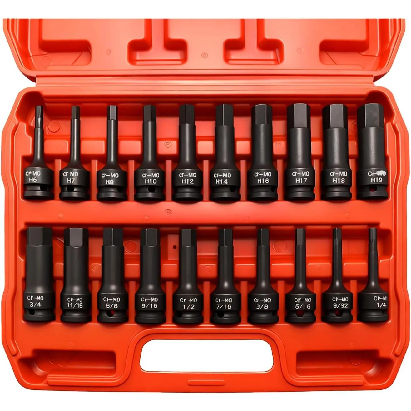 20-Piece 1/2" Drive Master Impact Hex Bit Set, Hex Driver Socket Set, Allen Bit Socket Set, SAE & Metric, (1/4" - 3/4", 6-19mm), Cr-Mo Steel