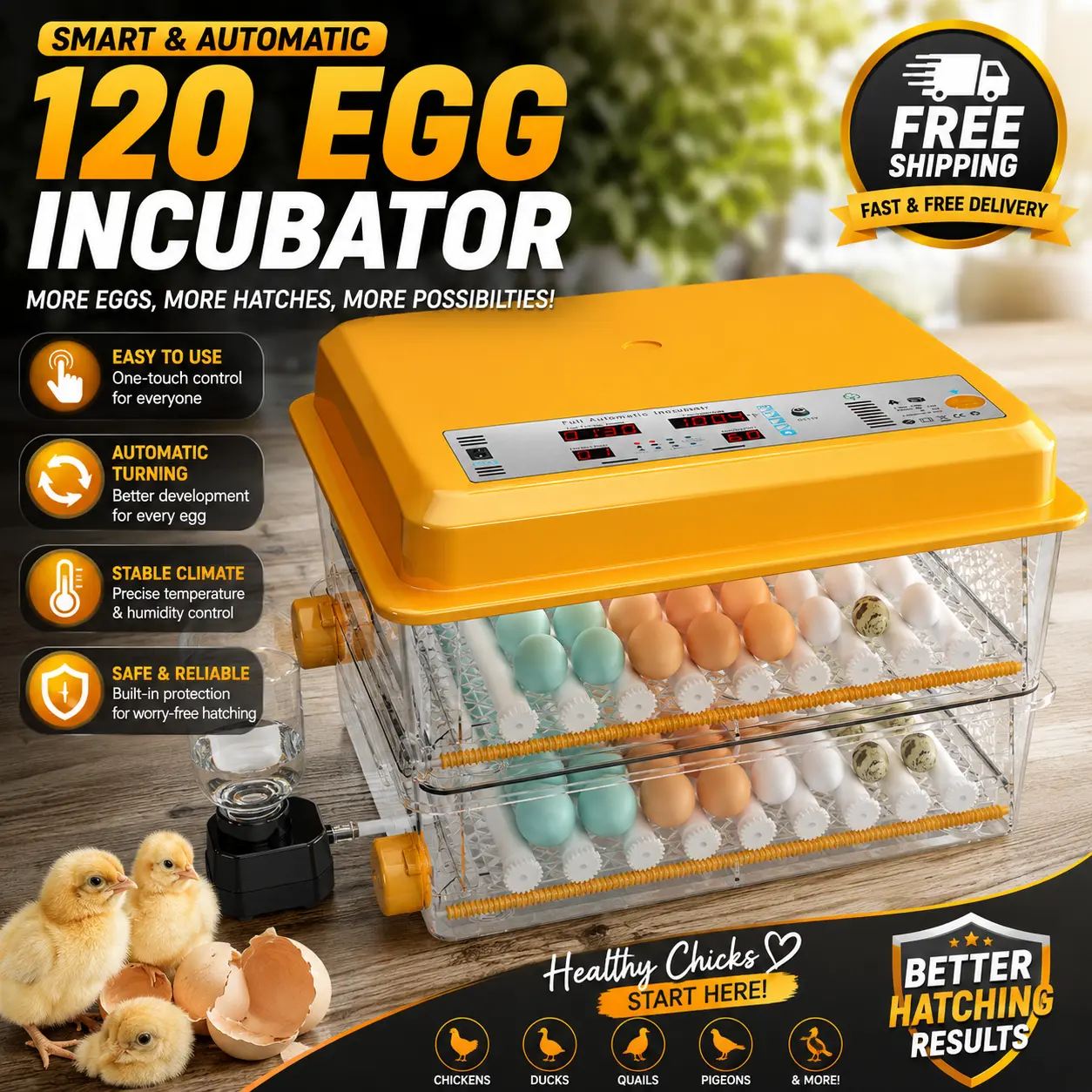 120-Egg Automatic Incubator for Chickens Ducks Geese Quails | Smart Temp Control & Auto Egg Turner | 2026 Upgraded High Hatching Rate