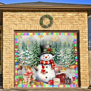Christmas Garage Door Banner Cover with LED String Light Battery Box Outdoor Large Xmas Snowman Garage Door Decors Winter Reindeer Backdrop for Wall Door House Party Decor(Snowman, 7x8ft)
