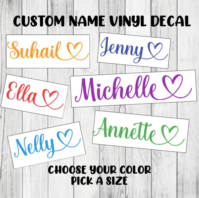 Custom Name Decal Specialty Vinyl Personalized Cursive Lettering Heart Sticker Organiser, Bottles, Cups, Laptop, Luggage, Car, Truck, Window, Wall Veh