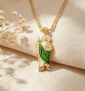 Men's Fashion Hip-Hop Style St. Jude Pendant Necklace  with Zircon Inlay, Catholic Religious Jewelry Figaro Chain Jesus Themed Accessory