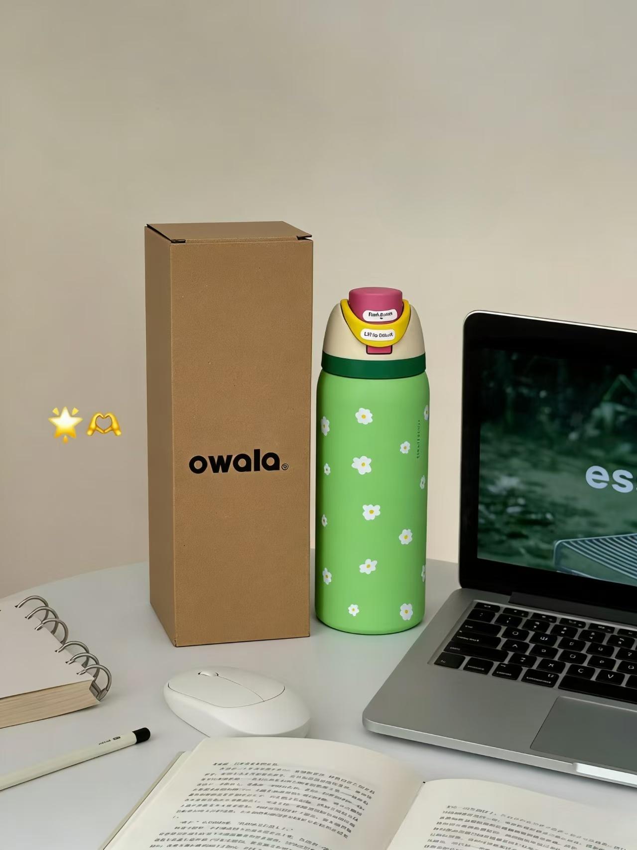 Owala 32oz  Style Insulated Stainless Steel Water Bottle with Straw Lid, Leak-Proof BPA-Free Cute Daisy Print Reusable Flask, 19oz/32oz Portable Water Bottle for School, Travel, Hiking, Outdoor large capacity vacuum flask