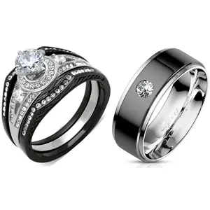 4 PCS Couple Black IP Stainless Steel 6x6mm Round Cut CZ Engagement Ring Set Mens Bezel Set CZ  Wedding Band
