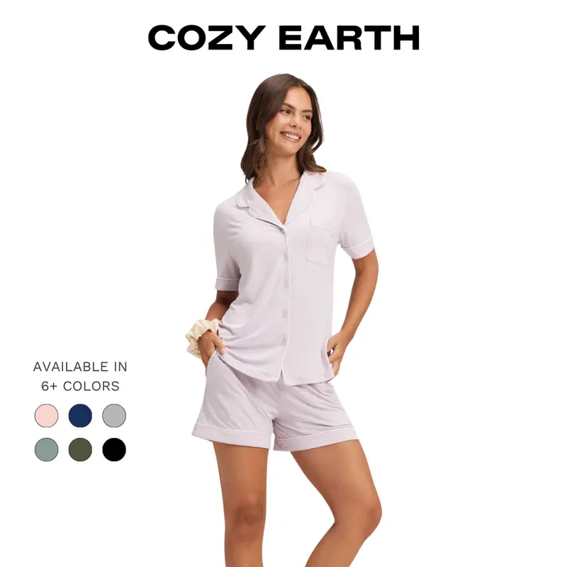 Cozy Earth Women’s Bamboo Stretch-Knit 2-Piece Pajama Set - Soft, Breathable Short-Sleeve Loungewear with Moisture-Wicking Fabric, Elastic Waistband, and Pockets