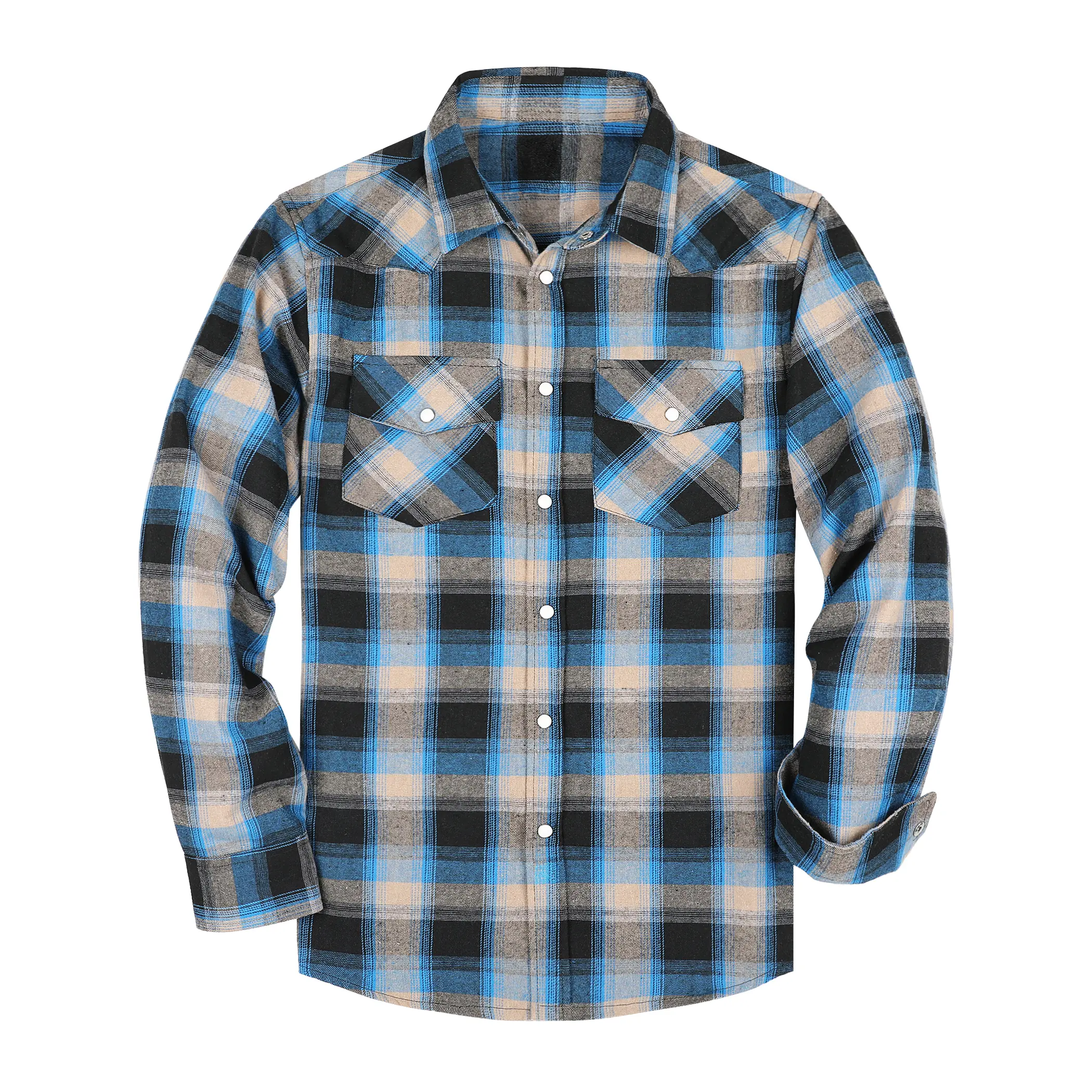 AUSELILY MEN Flannel plaid shirt long sleeved snap button
