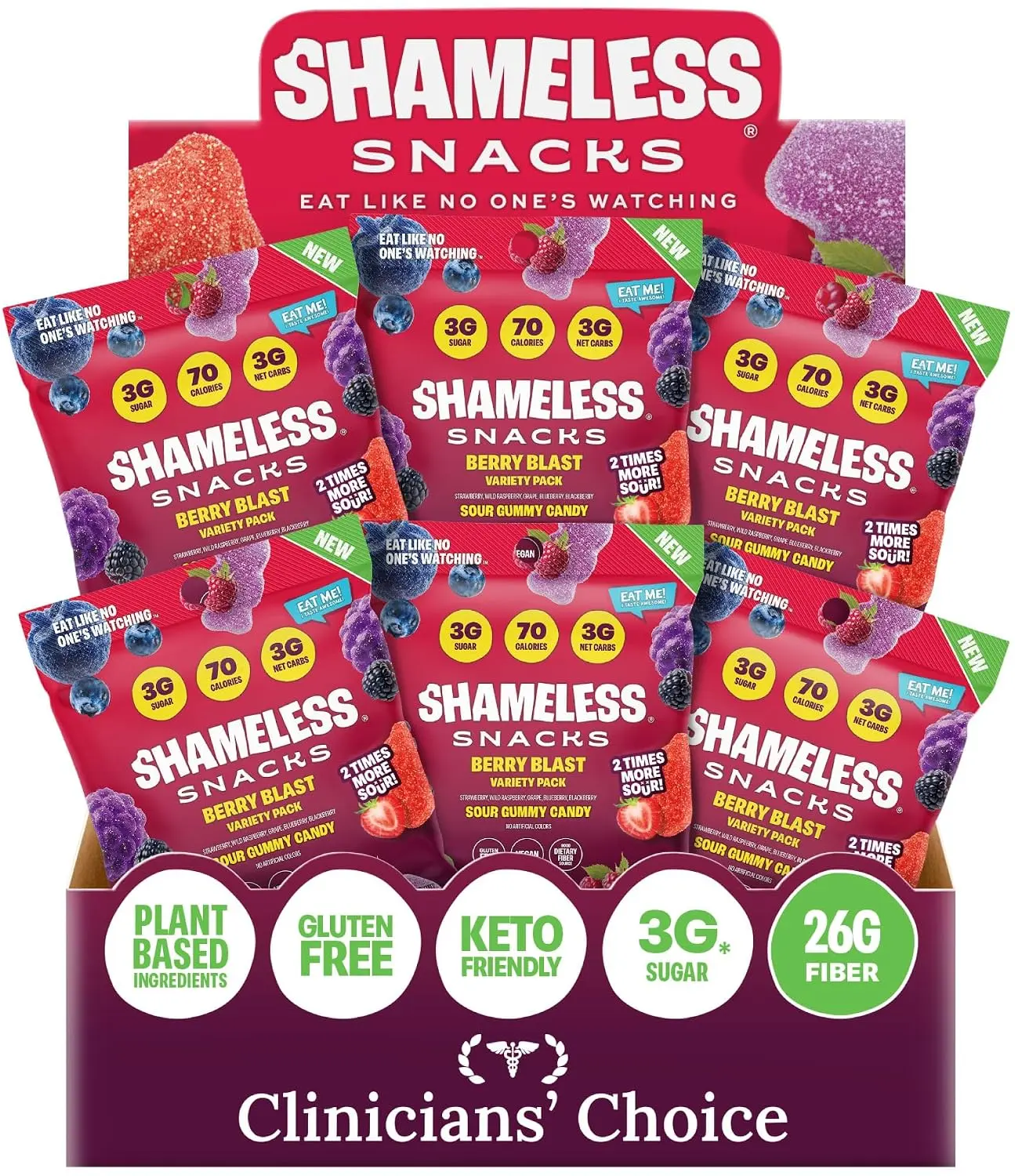 Shameless Snacks Berry Blast Gummy Variety Pack, Keto Friendly Fruit Snacks, High Fiber Gummies, 3g Sugar, Gluten Free, Vegan Candy Treats for Kids & Adults