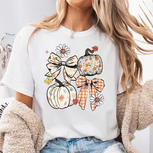 Floral Pumpkin And Bow Print, Neck Drop Shoulder T-Shirt, Autumn Fall Festival Halloween Theme, Casual Daily Wear Outdoor Party