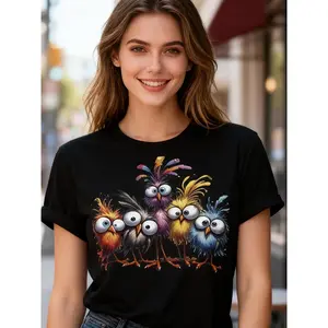 Colorful Cartoon Birds Graphic T-Shirt - Fun Whimsical Black Tee with Expressive Multicolored Feathered Birds, Perfect for Casual Wear, Summer Vibes, and Gift Giving - Unique Stylish Top for Bird