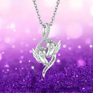 Angel Footprint Pendant Necklace with Acrylic Stones, Alloy Fashion Jewelry, White K Plated Chain, Ideal Gift for Family and Mom for Ages 15+