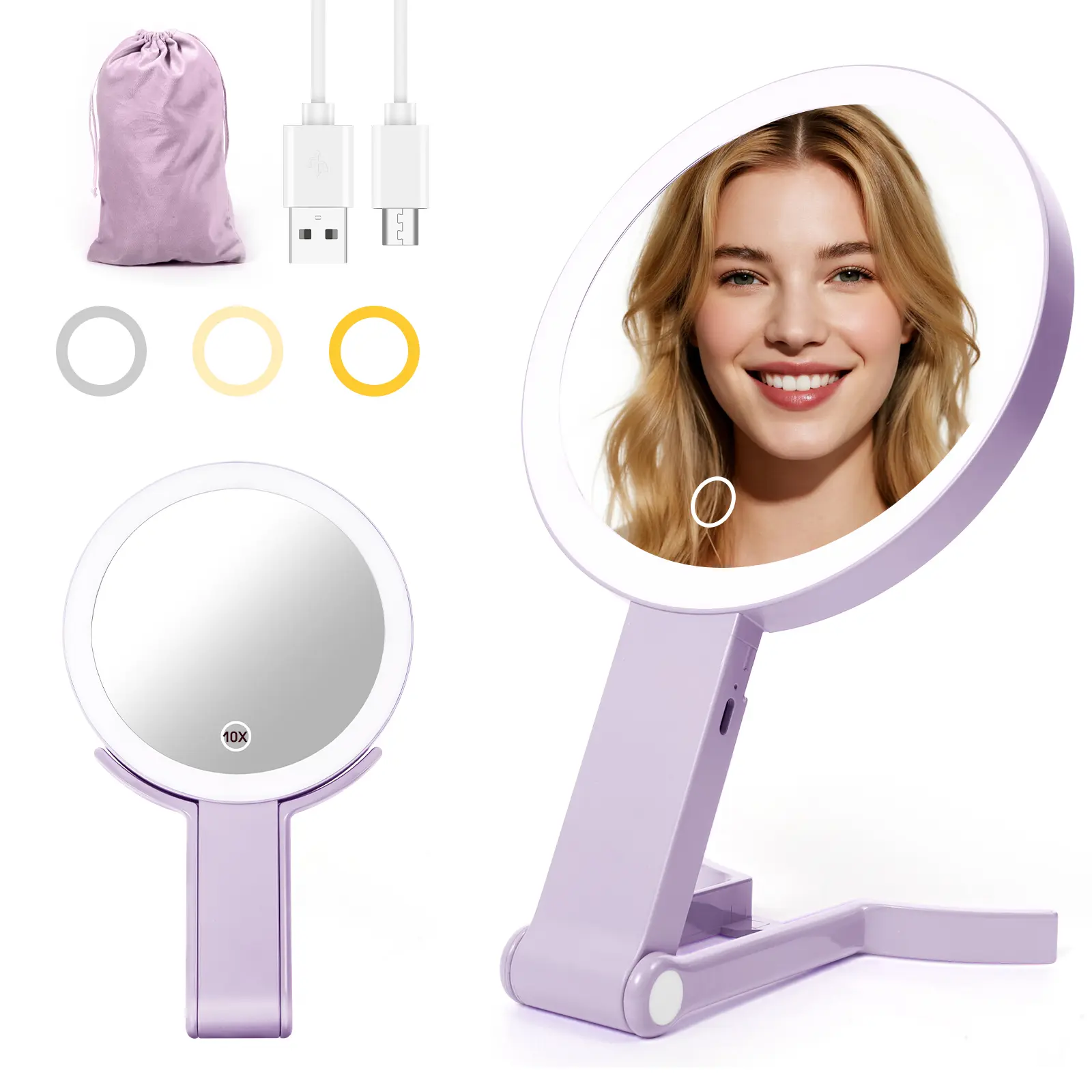 RAMUSO 3-in-1 Lighted Makeup Mirror - 1x/10x Magnification, Compact Battery-Powered Hand Mirror with 3-Color LEDs, Foldable Rechargeable Travel Vanity with Spring-Clip Pouch, Desk/Hanging Use, Hand Mirrors