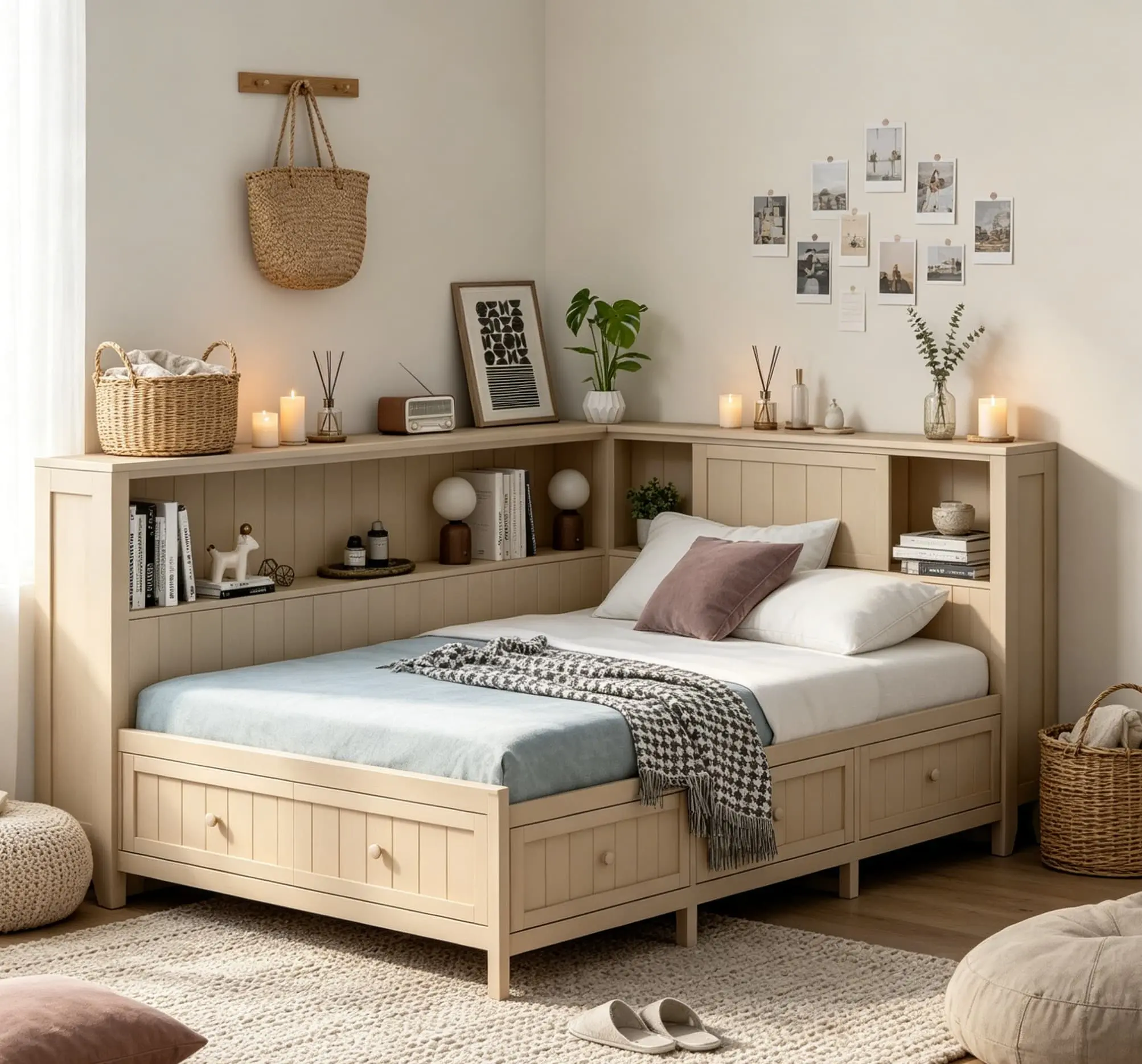 Perfect for guest rooms and small bedrooms! Antique White Farmhouse Daybed with 3 Drawers & 2 Sliding Door Shelves