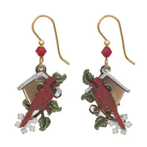 Silver Forest Cardinal and Birdhouse Earrings