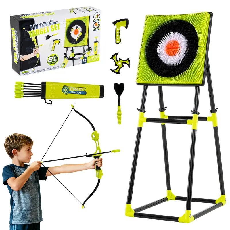COSTWAY - 4 in 1 Axe Throwing Target Set, Kids Throwing Game w/Bristle Target, 3 Throwing Axes, 3 Ninja Darts, 3 Darts, a Bow & 5 Arrows-Indoor Outdoor Backyard Game Birthday Gifts,Christmas Festival Gift Black Friday Cyber Monday