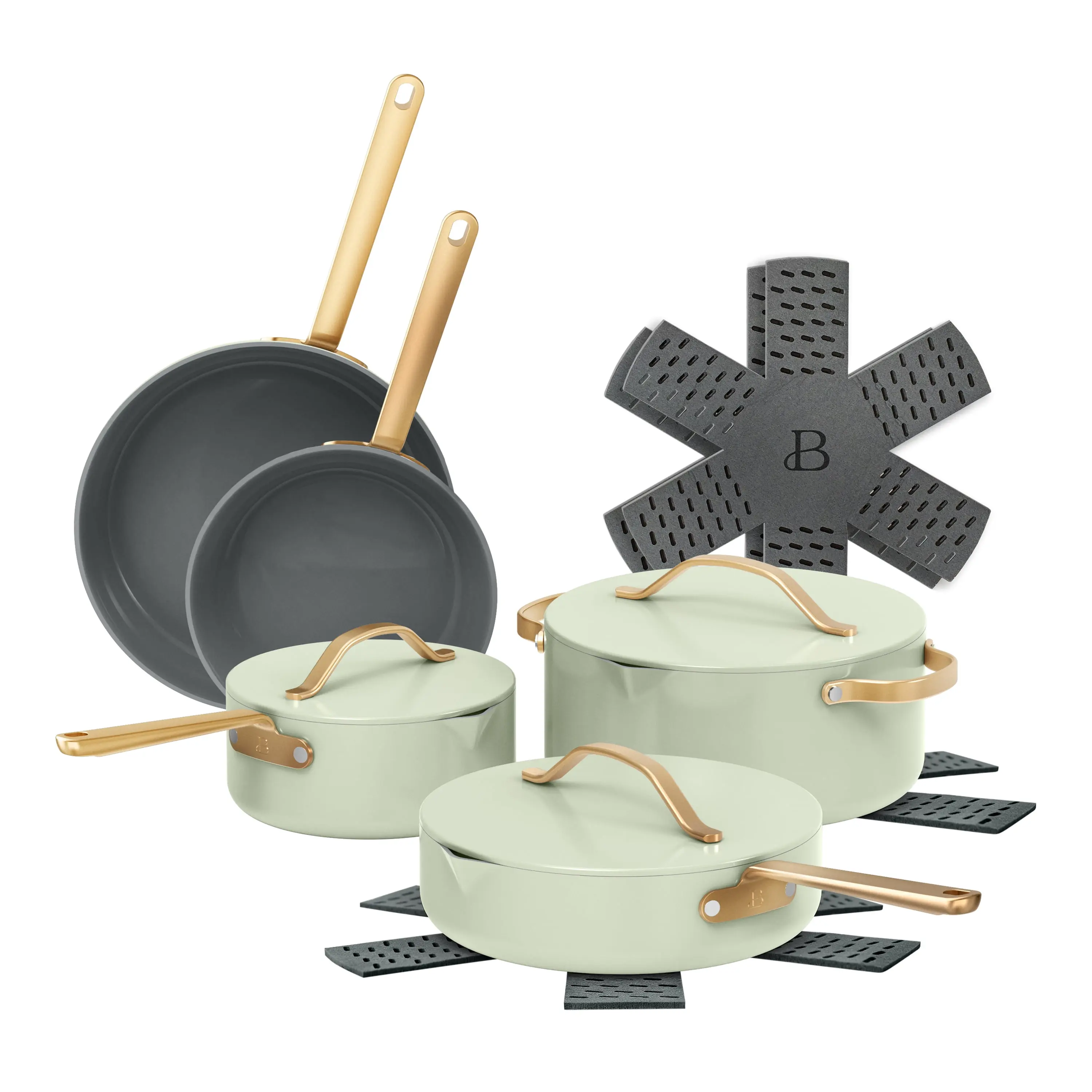 12-Piece Ceramic Nonstick Cookware Set, Pots and Pans with Strainer Lids, Sage Green by Drew Barrymore