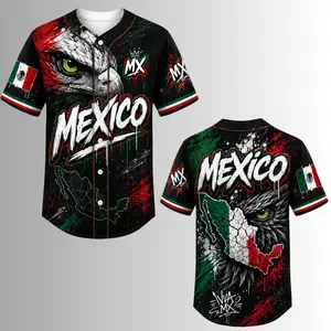 Men's Mexico 2026 Streetwear Baseball Jersey, Black Athletic Button Down Shirt with Graffiti Print, Eagle Graphic, and Map Back, Apparel Jersey, Black Athletic Top, Jersey, Trendy Tshirt