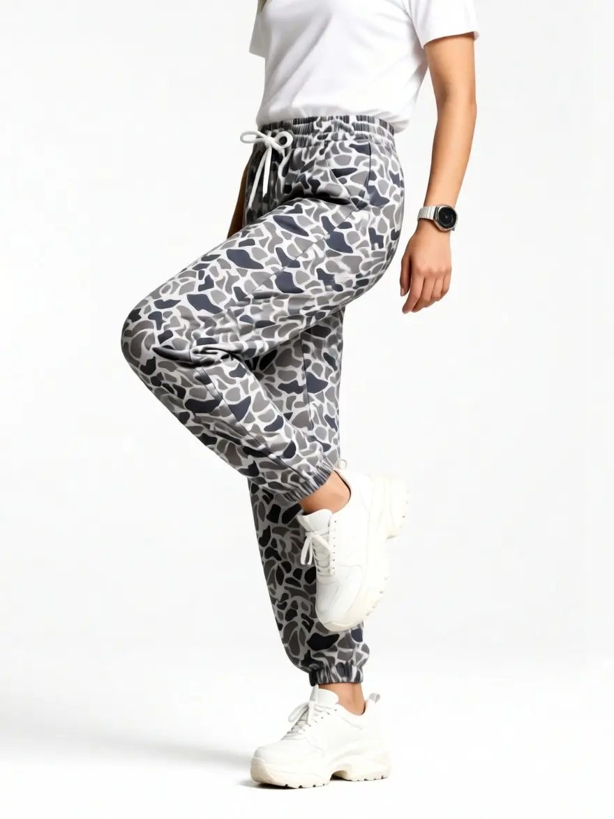 Men's and women's camouflage athletic pants, rolled-up cuffs, elastic waistband, athletic and casual fitness pants
