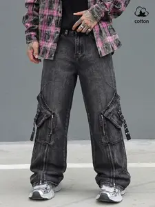 Men's Street Style Denim Wide Leg Pants, Vintage Washed Full-Length Jeans, Punk Style with Metallic Rivets, Zipper and Pocket, Casual All-Season Streetwear Wear