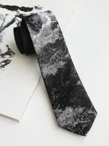 1pc Men's Black and White Gradient Textured Skinny Tie, Unique Sea Wave Embroidery, 2400 Needle Jacquard Woven, Gift Box Included, Designer Tie
