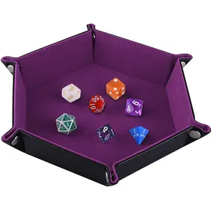 Double Sided Dice Tray, Folding Hexagon PU Leather and Velvet Dice Holder for Dungeons and Dragons RPG Dice Gaming D&D and Other Table Games, Dark Violet