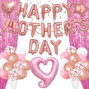 49PCS Premium Mother's Day Decorations – 40” Heart Balloons, Pink Foil Curtain, Banner & Swirls – Top Party Decor Kit for Mom, Wife, Women