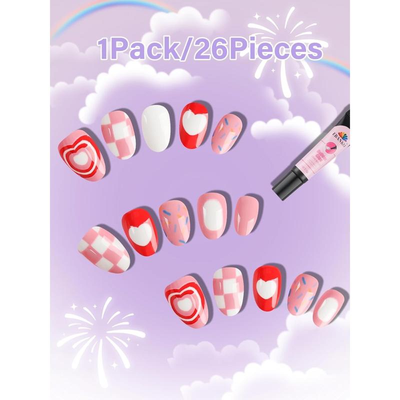 26 Pieces Press on Nails for Kids, EBANKU Kid Fake Nail Kit Pink Heart Press on Nail Short Artificial False Nail Kits for Kids Girls
