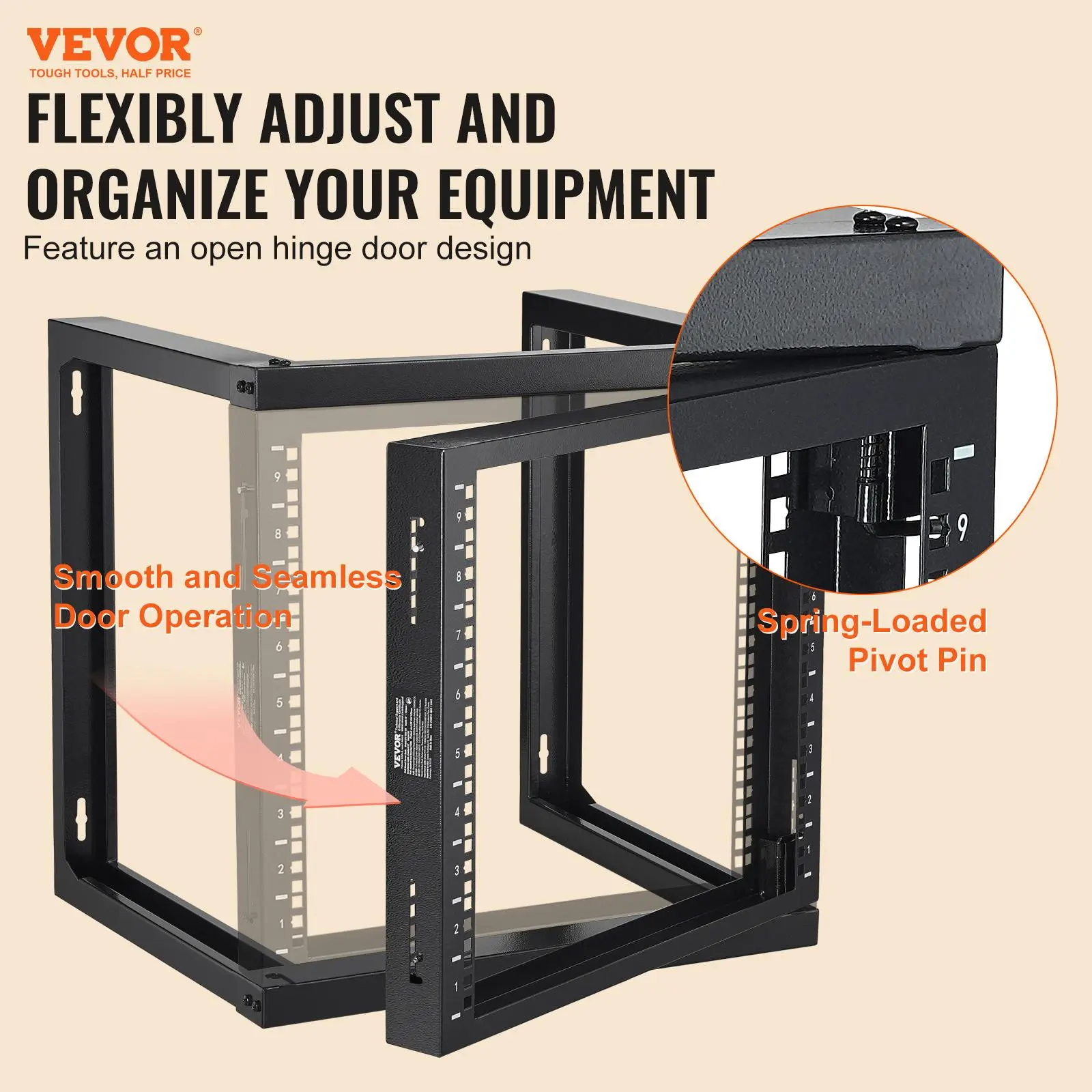 VEVOR 9U Height Open Frame Wall Mount Server Rack with Open Hinged Door - Black Carbon Steel Storage Unit, 68kg Max Load Organizer, 20.9x17.7x20.5in Rotatable Hardware for 19in AV & Server IT Equipment, Cage Nuts Screws Included, Easy Installation
