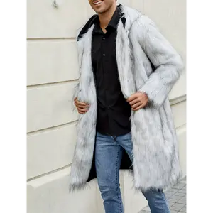 Men's Winter Faux Fur Coat Jacket Winter Warm Long Sleeve Fuzzy Hood Overcoat Thicken Soft Outerwear