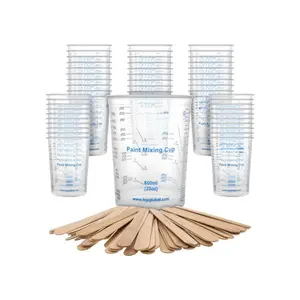 Global 20 Ounce (600ml) Disposable Flexible Clear Graduated Plastic Mixing Cups - Box of 50 Cups & 50 Mixing Sticks - Use for Paint, Resin, Epoxy, Art, Kitchen - Measuring Ratios 2-1, 3-1, 4-1, ML