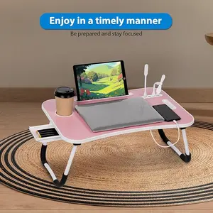 Lap Desk - Foldable Lap Desk with Storage Drawer, Cup Holder & Tablet Slot & DC USB Ports, Versatile Bed Desk, Bed Tray(23.6" L x 15.7" W x 10.6" H,Pink Blue)