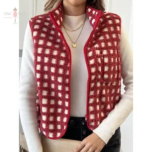 Women��s Fuzzy Checkered Vest Sleeveless Stand Collar Zip Up Vest Jacket Winter Warm Outwear Casual Basic Fur Womenswear