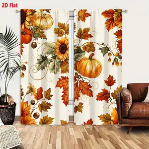 2D Flat, 2pcs Vintage Fall Harvest Window Curtains - Rustic Farmhouse Curtain Panels with Sunflowers, Pumpkins, Autumn Leaves & Acorns in Warm Orange, Yellow, Red, Brown, - Semi-Sheer Privacy Drapes for Living Room, Bedroom - Machine Washable Window