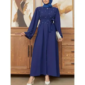 ElegantMiddleEasternMuslimAbayawithPearls-LongRobeforWomen,NavyBluewithGolden-ToneAccentsandDecorativeTassels,TraditionalCulturalWear,All-SeasonFashion,VersatileFashion|TasseledWaistband|DecorativeTassels,IslamicDress