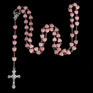 Rosary Pink hearts style long stainless steel 34 +  inches beautiful necklace perfect gift