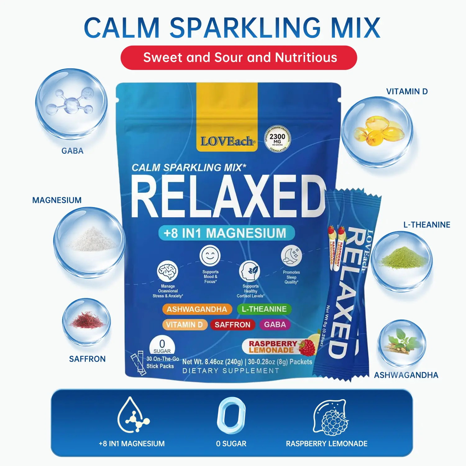Relaxed Magnesium Supplement Drink Mix 8 in 1 Formula with GABA Saffron Ashwagandha L Theanine Vitamin D3 0 Calories 0 Sugar Sparkling Powder for Calm Mood Focus and Deep Sleep 30 Servings