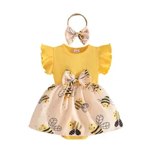 Newborn baby girl sleeveless ruffled romper; Bee/Ladybug dress romper; infant girls’ summer set with headband