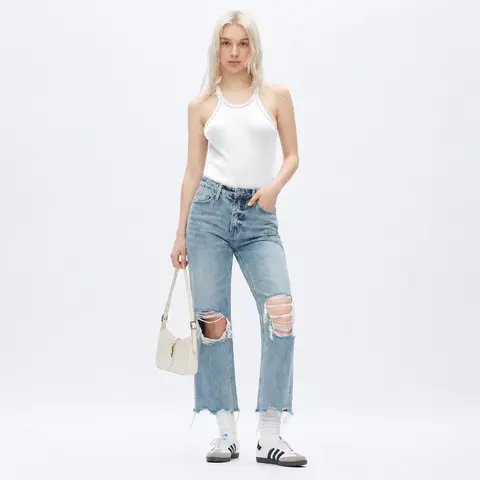 ONESO Women's Super High Rise Destroyed Straight Rigid Leg Jeans Non-Stretch Distressed Denim Pants Size Comfortable Fashion FitStyle Bottoms Womenswear Fitted Streetwear Fabric  Basic Minimalist Gift #SummerVibes
