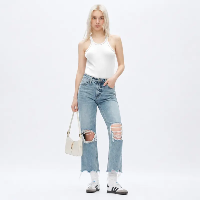ONESO Women's Super High Rise Destroyed Straight Rigid Leg Jeans Non-Stretch Distressed Denim Pants Size Comfortable Fashion FitStyle Bottoms Womenswear Fitted Streetwear Fabric  Basic Minimalist Gift #SummerVibes