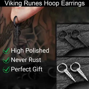 FaithHeart Runes Hoop Dangle Earrings Norse Viking Style for Men Women Stainless Steel