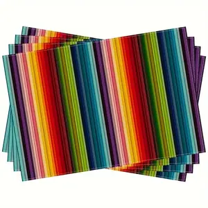 2-piece/4-piece 6-piece set, Mexican style striped linen placemat - Colorful farmhouse decorative table mat, washable rectangular placemat, suitable for May 5th Festival, holiday parties, kitchen or coffee table decoration