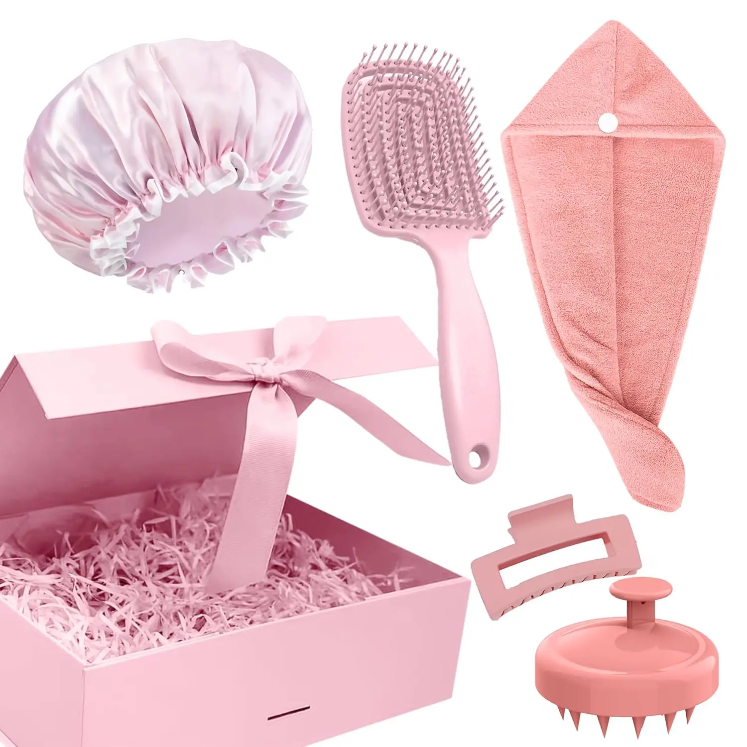Pink Hair Care Set with Detangling Brush Microfiber Towel Satin Cap Scalp Brush and Claw Clip for All Hair Types Ideal Gift for Teens and Women