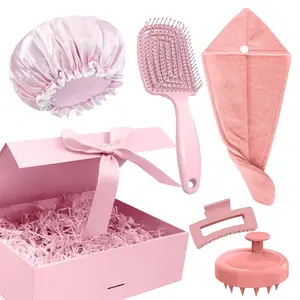 Pink Hair Care Set with Detangling Brush Microfiber Towel Satin Cap Scalp Brush and Claw Clip for All Hair Types Ideal Gift for Teens and Women