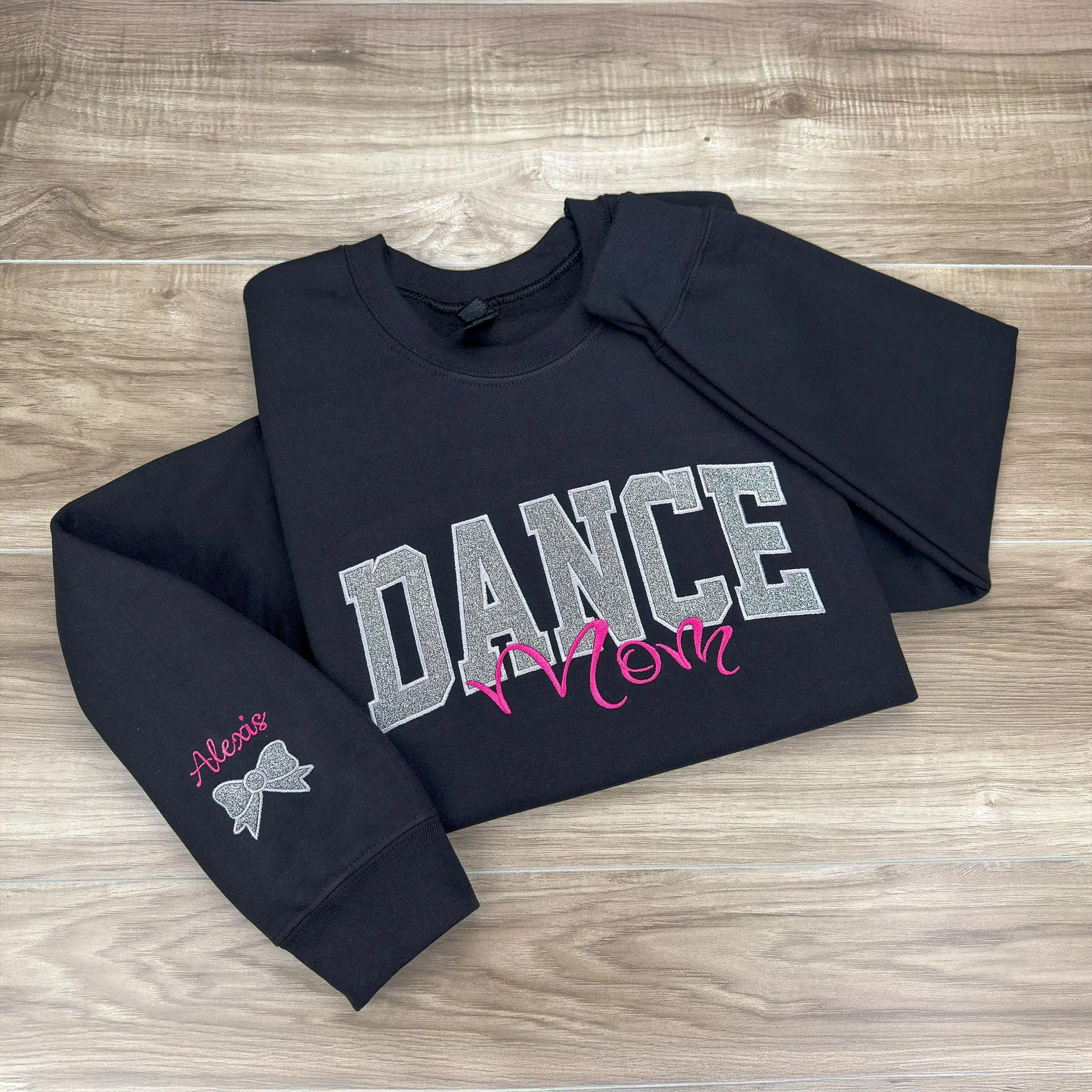 (Leave a note) Custom Embroidered Glitter Dance Mom Sweatshirt | Embroidered with Child's Name | Personalized Dance Team Spirit | Dance Mom Gift