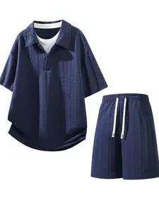 Men's Plus Size Two-Piece Set, Menswear, Textured Knit Pullover and Tie-Waist Shorts, Loose-Fitting, Casual Everyday Wear, Solid Pattern