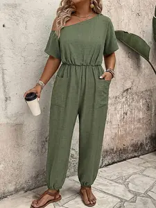 Plus Size Women's Solid Color Asymmetrical Shoulder Jumpsuit, Pocketed Cuffed Hem Long Fashionable Comfortable Daily Wear